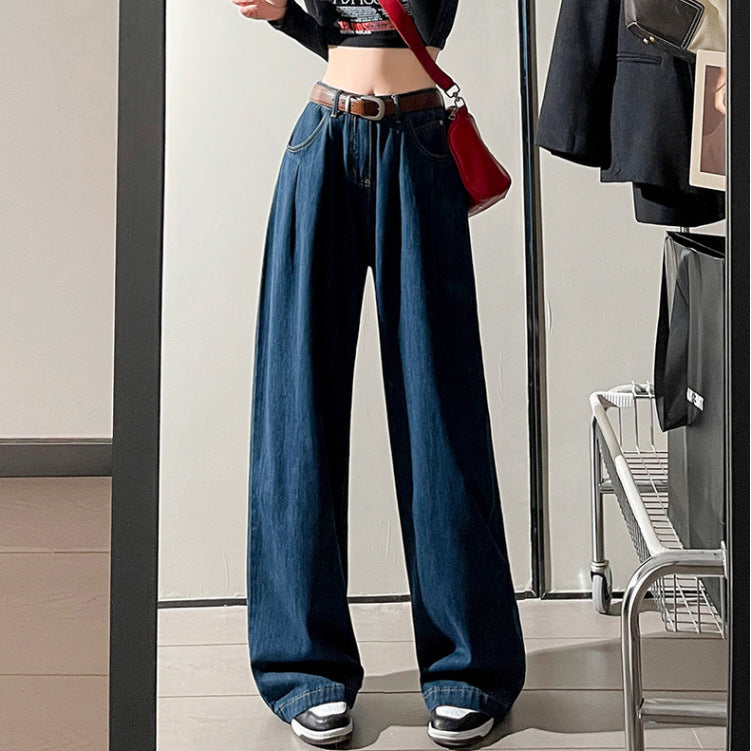 Koreansk stil vidde bukser høj talje løse plisserede lige "Mop" jeans