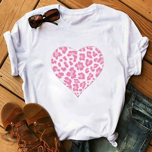 Forårs T-shirt til kvinder med tegneserie leopardprint og hjerteprint