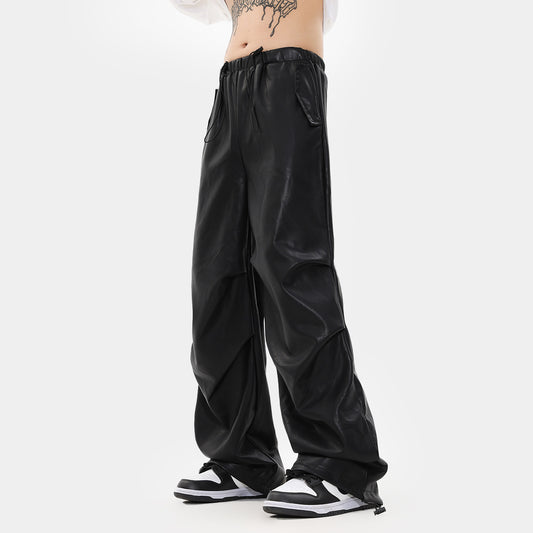 High Arcade Car Wind Wide Leg Fashion Brand Ankle Banded Casual Leather Pants