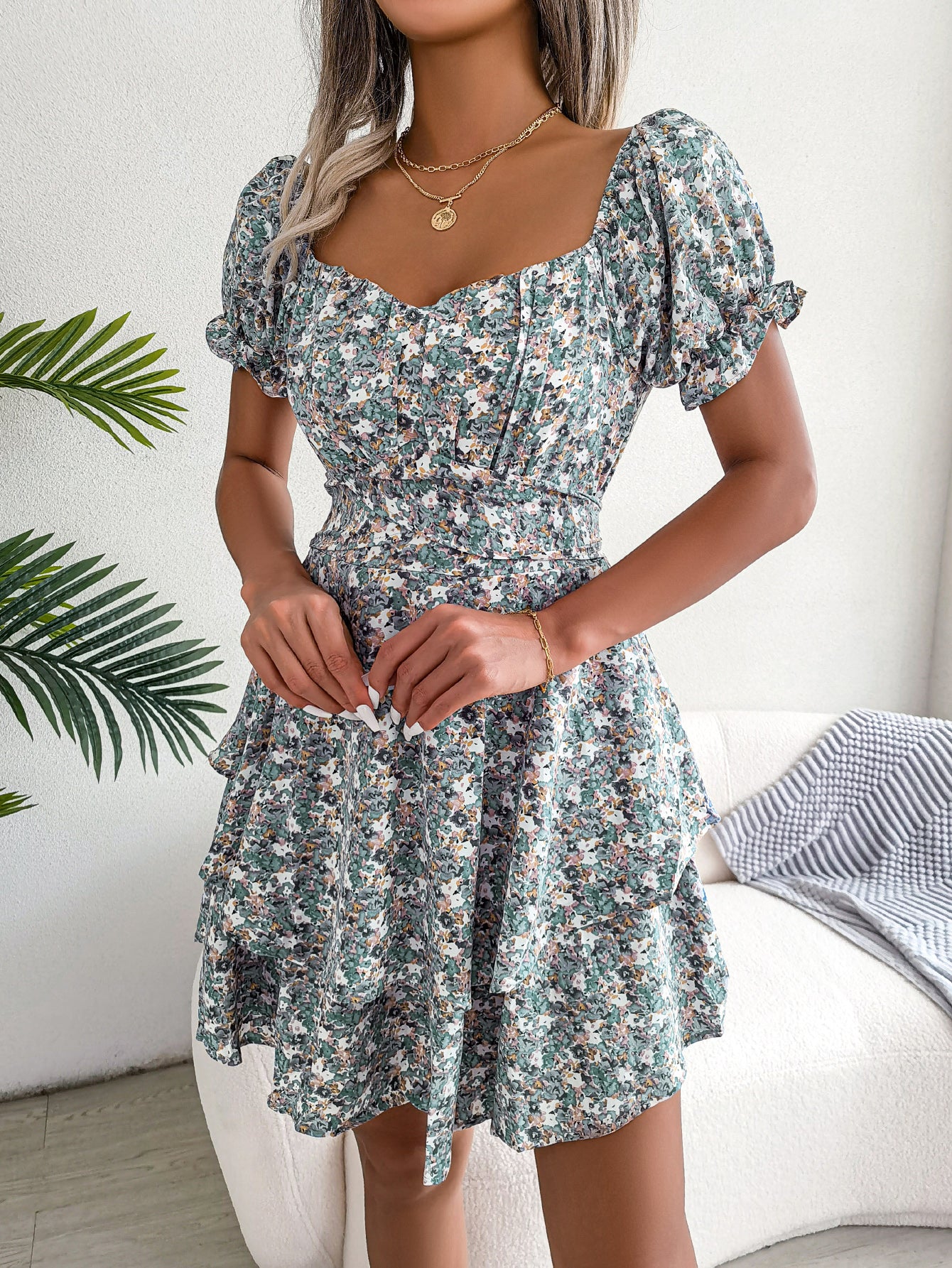 Women  Elegant Floral Print Tie Waist Flowy Dress
