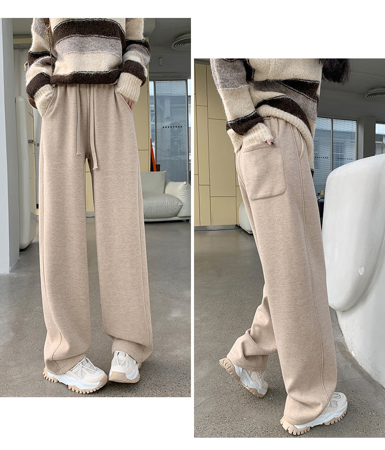 Fleece-lined High Waist Matchet Pants Soft Glutinous Leisure Warm Straight Glutinous Rice Pants
