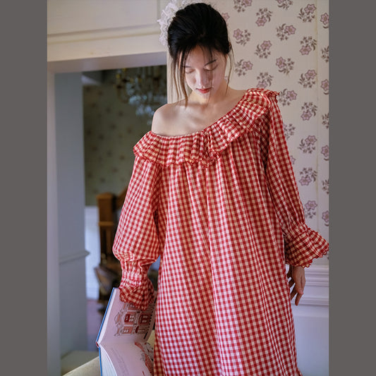 Plaid Sweet Nightgown Loose Loungewear Outerwear-Friendly French-Style Womens SpringAutumn Nightgown