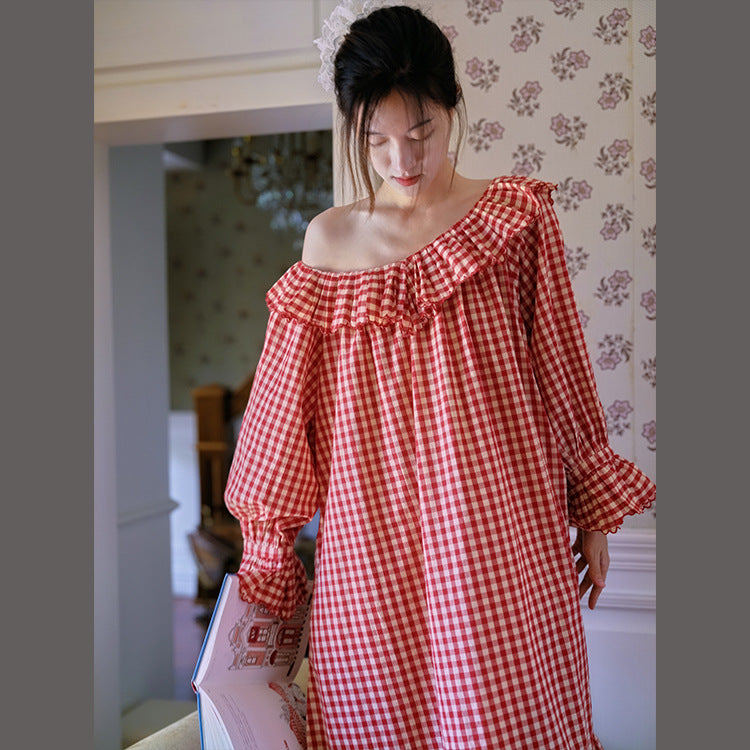 Plaid Sweet Nightgown Loose Loungewear Outerwear-Friendly French-Style Womens SpringAutumn Nightgown