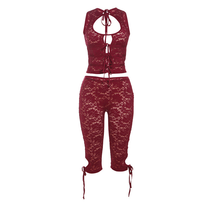 Womens Fashionable Sexy Lace Shorts Set With Ties