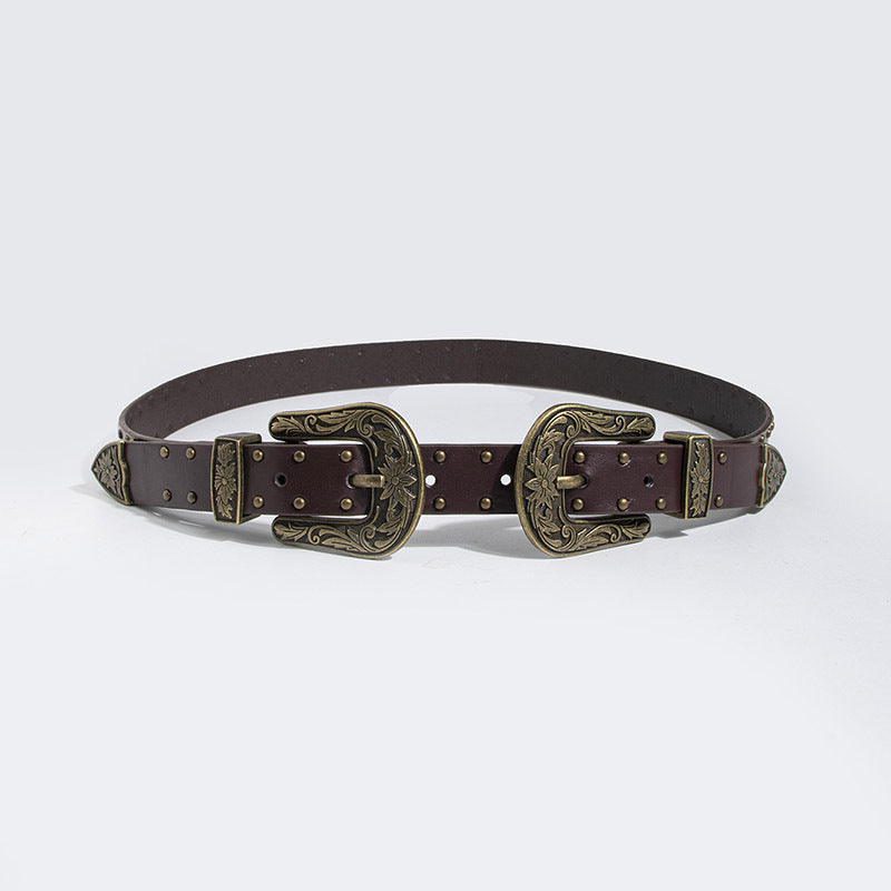 Double buckle vintage carved belt
