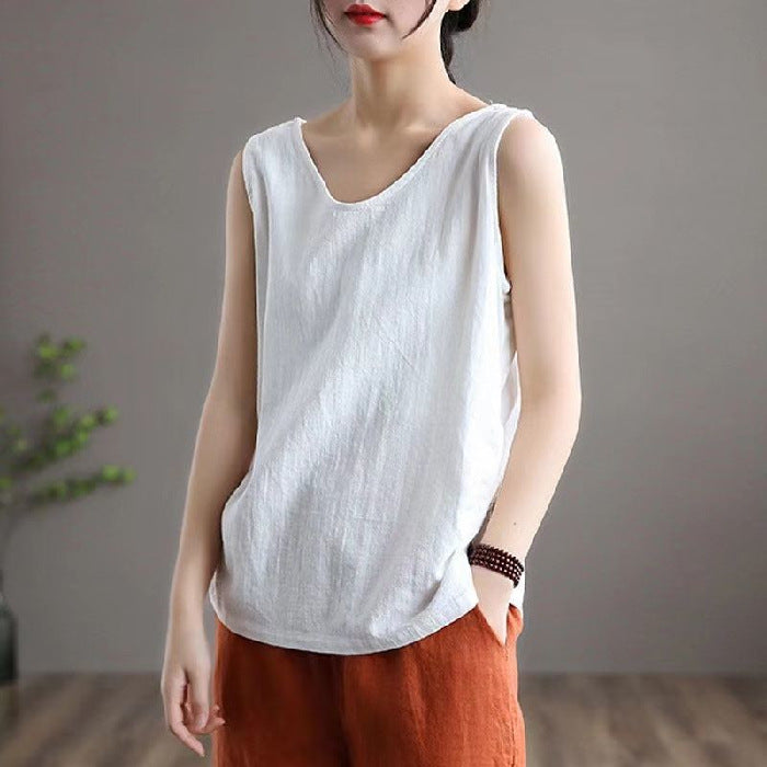 Solid Color Plus Size Literary Sleeveless Round Neck Vest