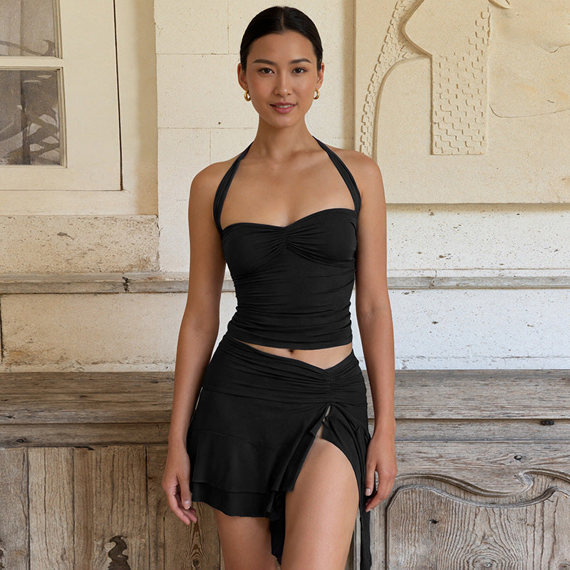 Casual Sleeveless Halterneck Top With Tie Straps And Flutter-Sleeve Short Skirt Set