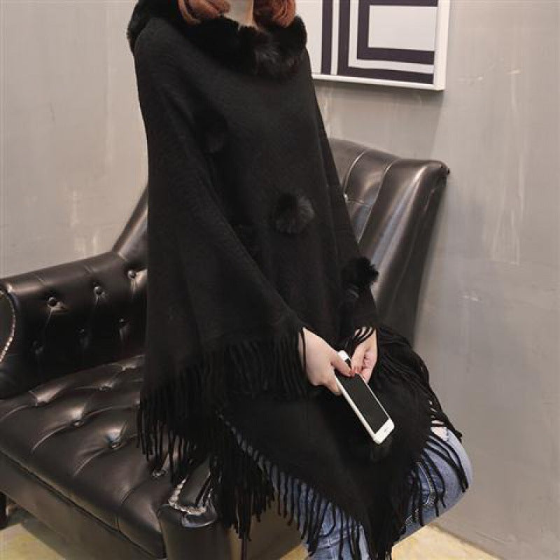 Loose Outer Wear Fur Collar Bat Shirt With Hand-woven Tassels