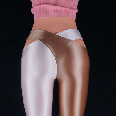 Glossy Leggings Patchwork Color Cross Open Crotch Pants