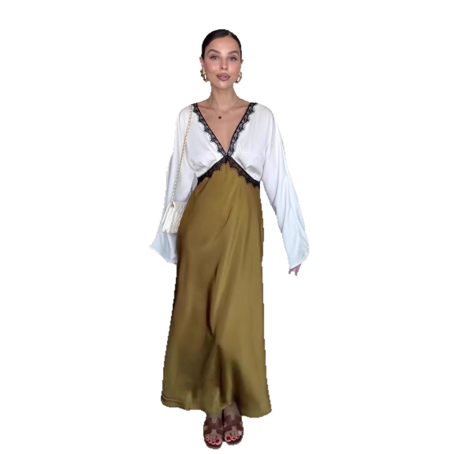 Elegant Blonde Langærmet Patchwork Maxikjole
