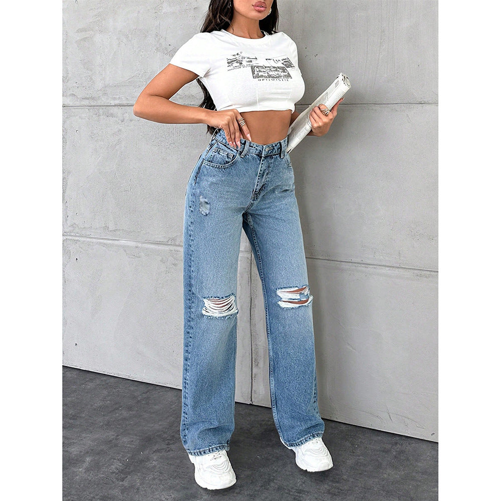 Womens Washed Casual Straight Jeans