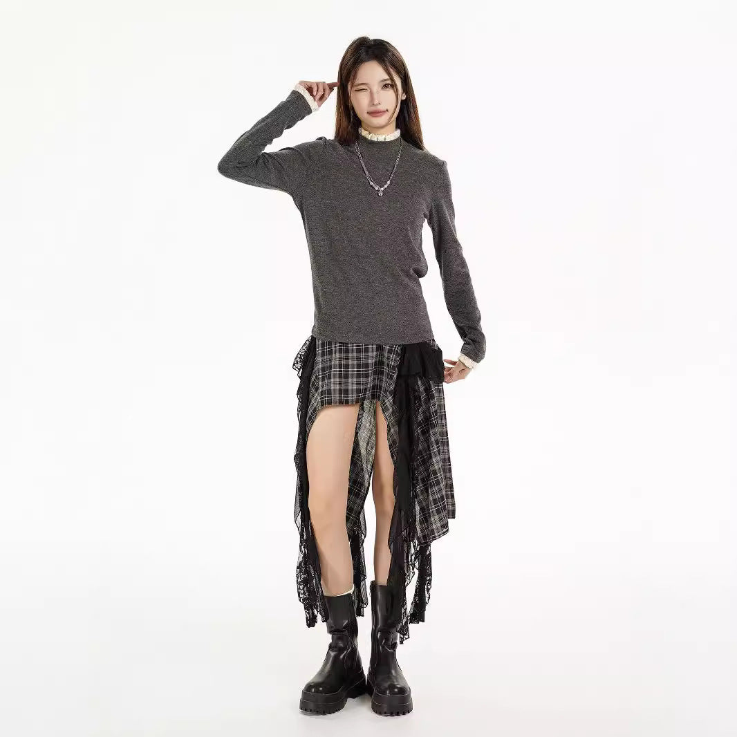 Long Sleeve Knitted Warm Lace Trim Inner Wear Blouse