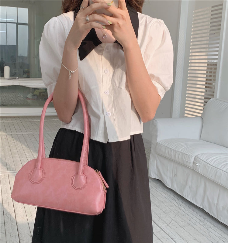 Candy Color Shell Bag Retro Oil Wax Stick Bag Versatile Long Handle Shoulder Bag Armpit Bag Casual Boston Bag