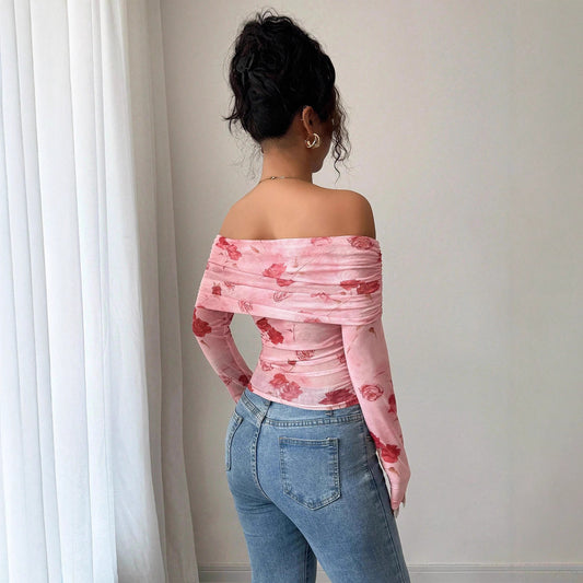 Asymmetrisk top med én skulder, figursyet, slankende, med flæsekant og print