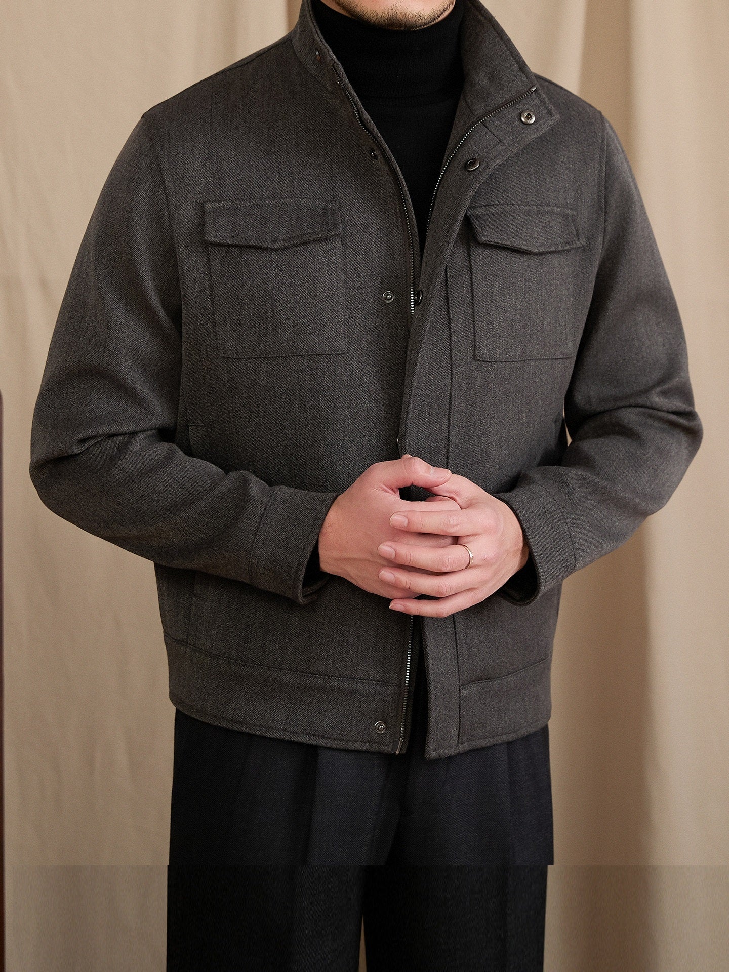 Short, Casual Wool-blend Coat With A Stand-up Collar
