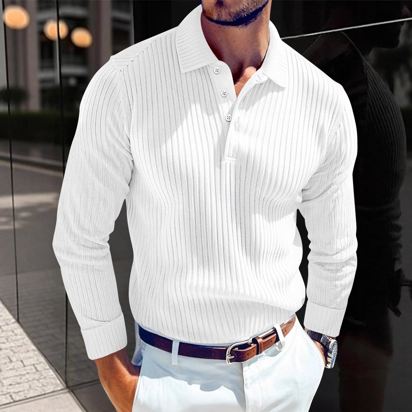 Men's Polo T-shirt With A Turn-down Collar Spring Summer Business Buttoned Long-sleeve Sports Retro Style Striped Polo Shirt For Daily Wear