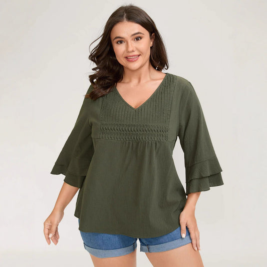 Loose Solid Color Ruffled V-neck Three-quarter Sleeve Top