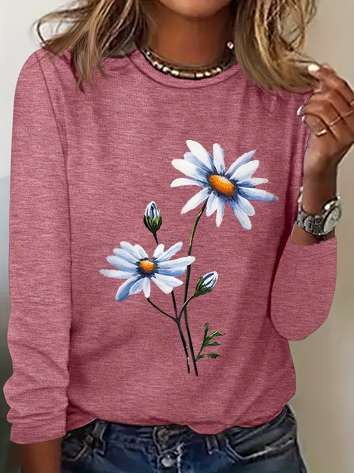 3D Digital print Floral Crew neck Long sleeve Pullover
