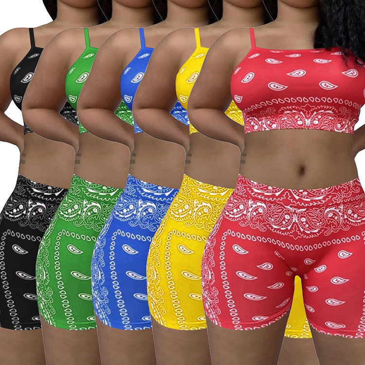 Womens Casual Printed Camisole And Sleeveless Shorts Two-Piece Set