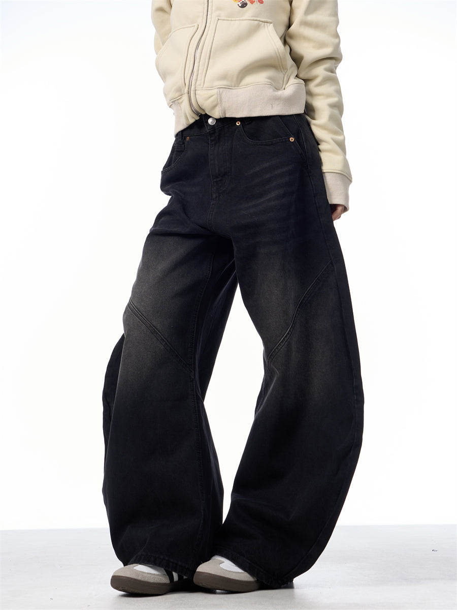 Retro Sorte Jeans til Kvinder, Løse Bukser med Lige Vide Ben