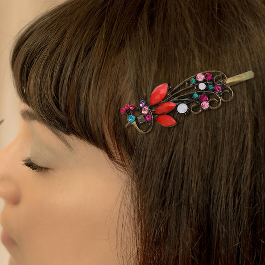 Fashionable Vintage Peacock-Colored Rhinestone Hair Clip