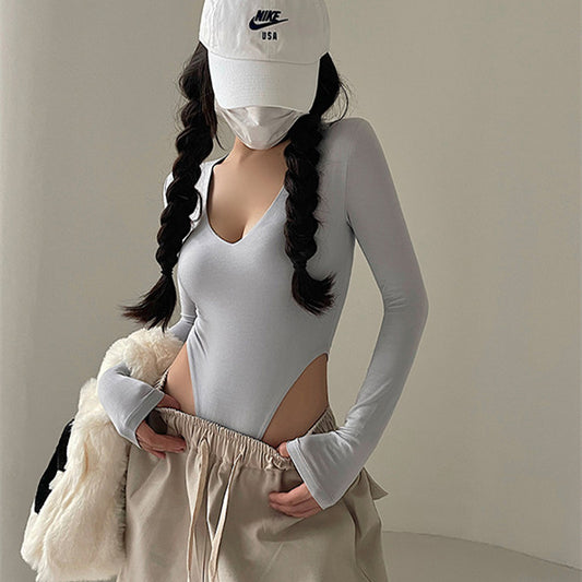 Hot Girl Sexy V-neck Elastic Skinny Slimming Long Sleeve Solid Color Base Bodysuit T-shirt Top