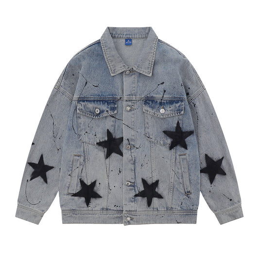 Five-pointed Star Splash Ink Patterned Denim Jacket