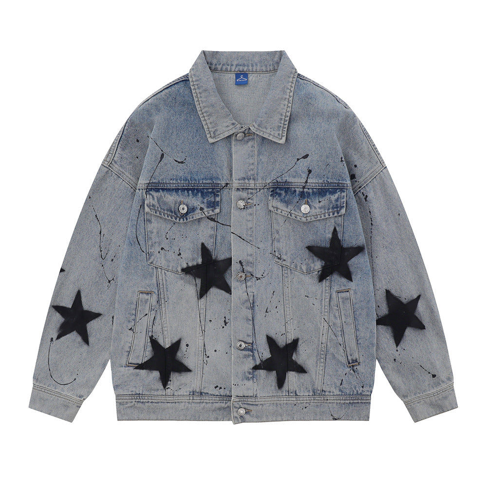 Five-pointed Star Splash Ink Patterned Denim Jacket