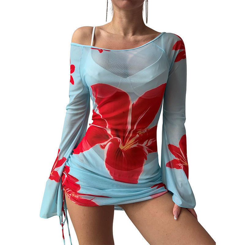 Mesh Long-sleeve Flared-sleeve Short Skirt