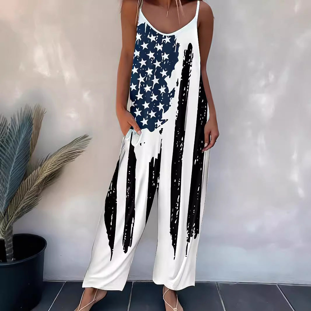 Women's Printed Casual Suspender One-piece Trousers