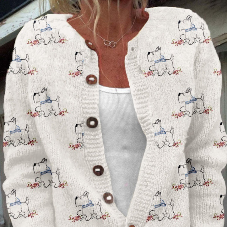Womens 3D-printed Crew-neck Cardigan A Stylish Knit Outerwear Piece For Fall