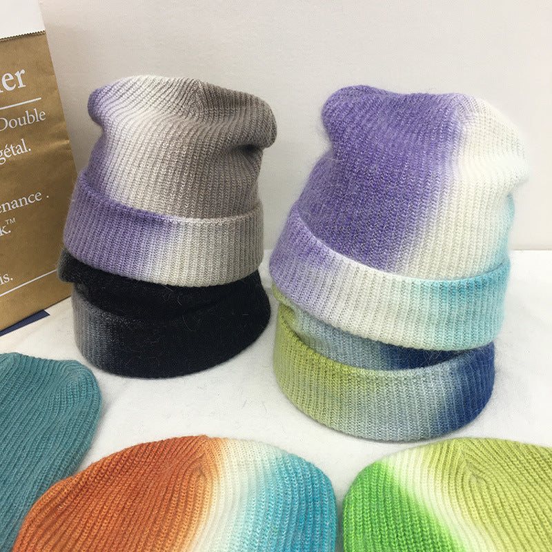Tie Dyed Rabbit Hair Knitted Wool Hat Female