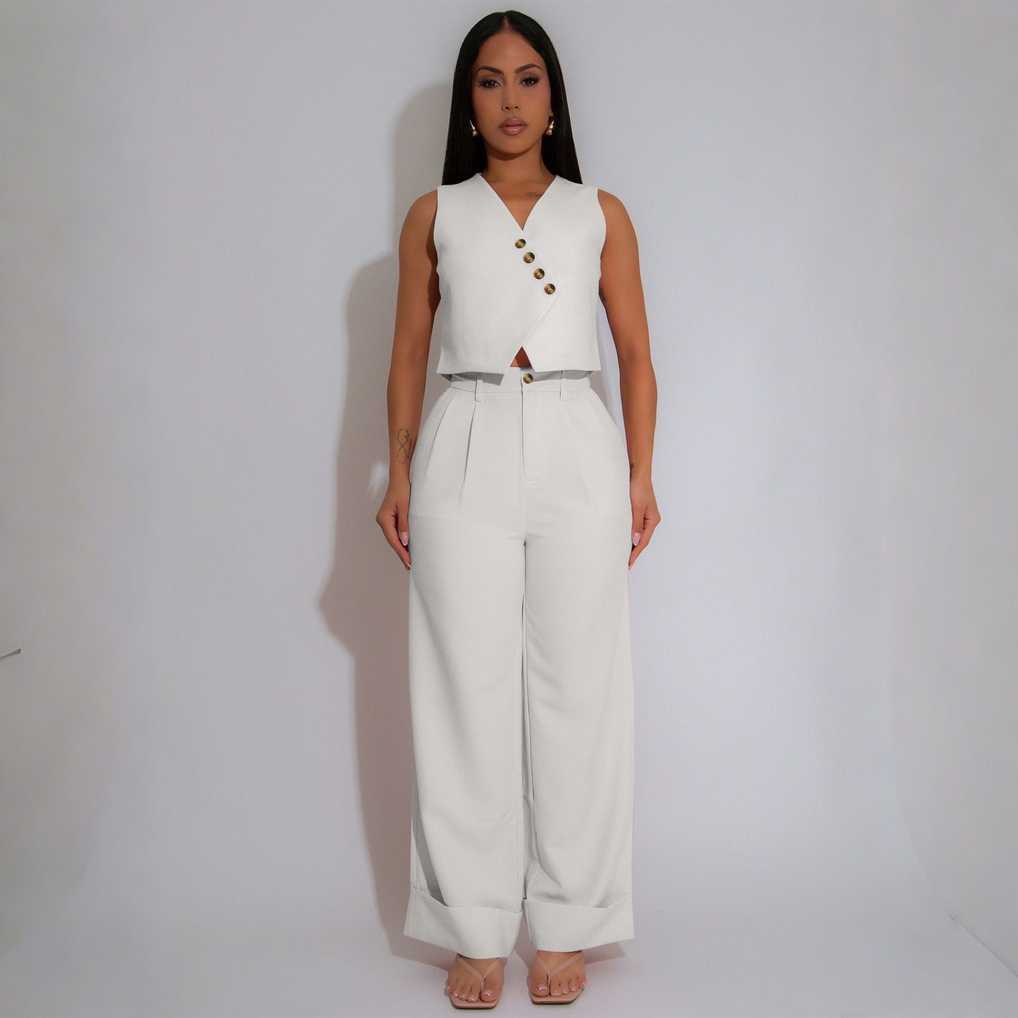 Stylish Minimalist Sleeveless Wide Leg Womens Suit