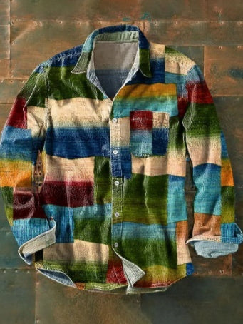 New Retro Vacation Style Color Matching Printing Stylish Men's Long Sleeve Button Top Shirt