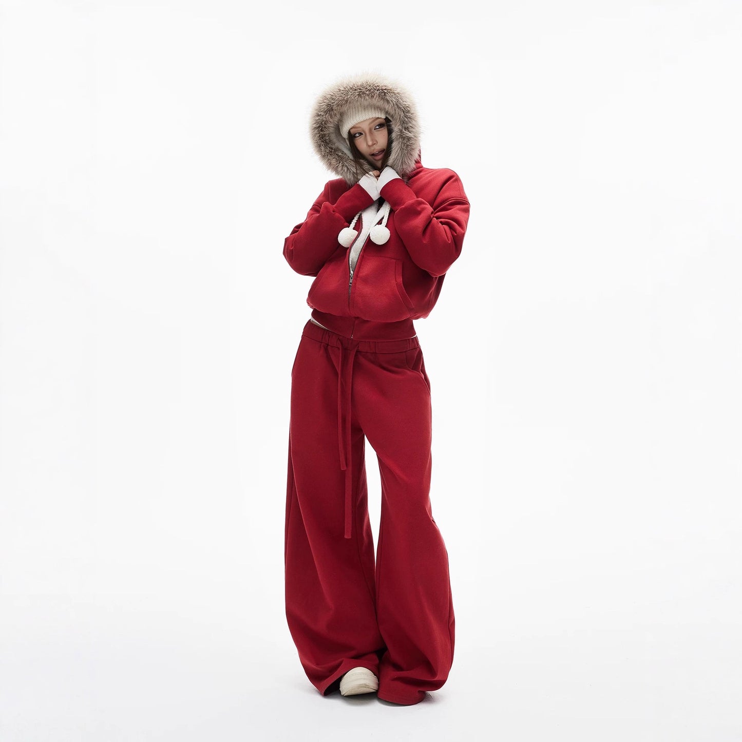 Women's Red Hooded Eco-Friendly Fleece-Lined Sweater Set With Faux Fur Collar
