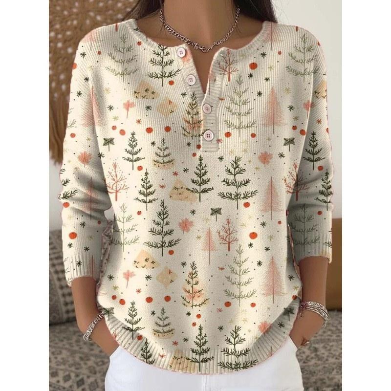 Retro Christmas 3D Digital Printing Four-button Stand Collar T-shirt