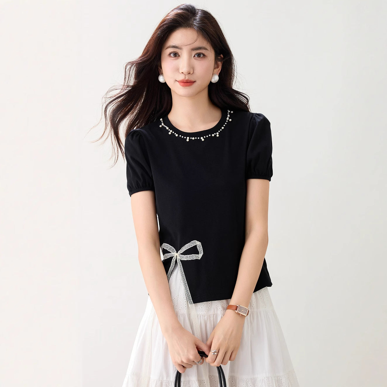 Round Neck Design Bow Beaded Short Top