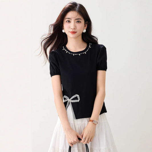 Round Neck Design Bow Beaded Short Top