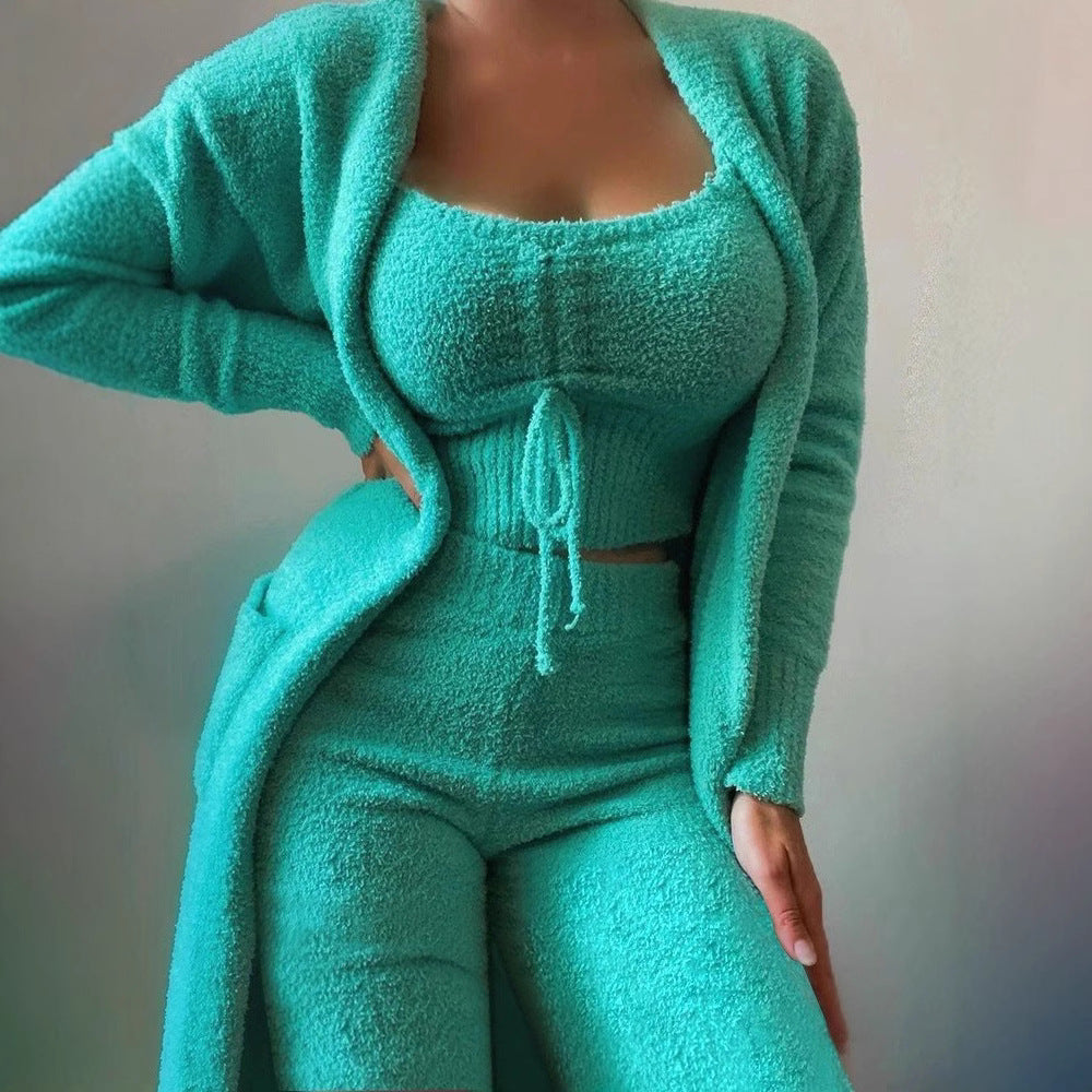 Womens Casual Solid Color Long Sleeve Slimming Three Piece Set