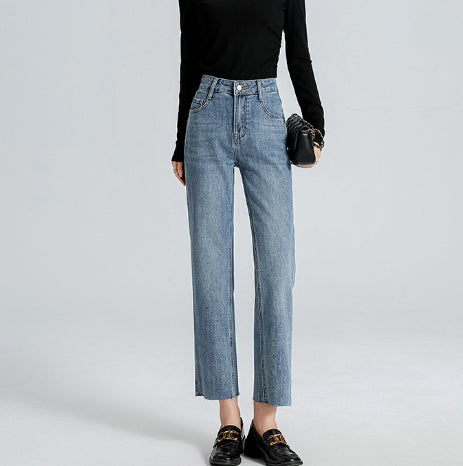 Burr Straight Ankle-length Pants Small Stretchy High Waist Slimming Commuter