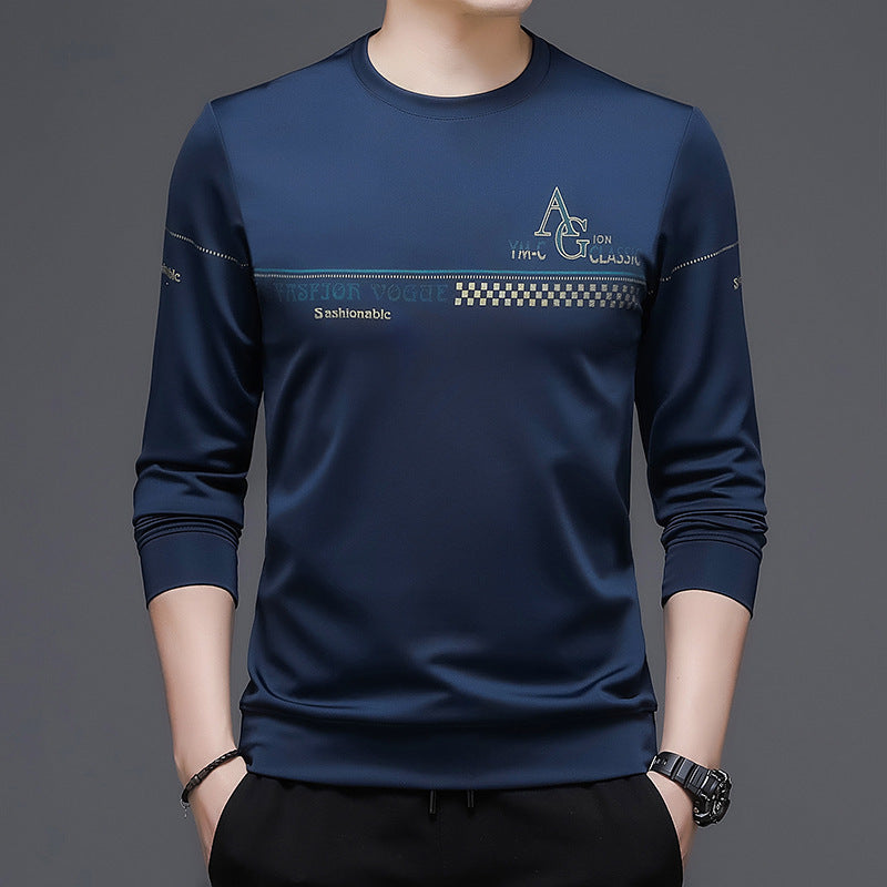 Men's Printed Bottom T-shirt With Round Collar And Long Sleeves