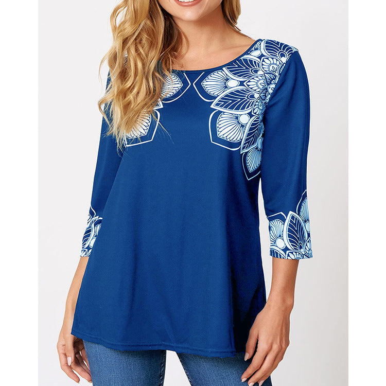 Women's Positioned Print Three Quarter Sleeve Loose Round Neck T Shirt