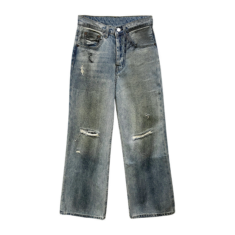 Retro Make Old Ripped Straight Casual Pants Women's High Street Slimming Jeans