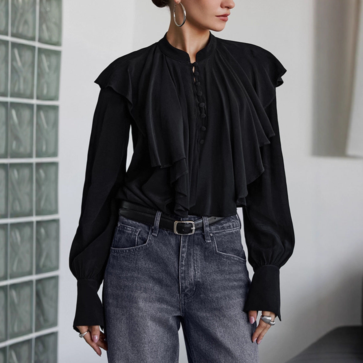 Paladsstil Drapperet Flæsetop Elegant Løs Sort Dametøj