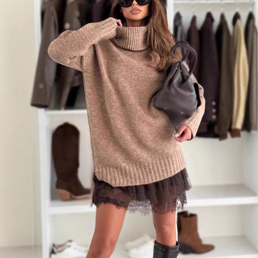 Women's Two-piece Set With Knitted Top And Lace-trimmed Dress