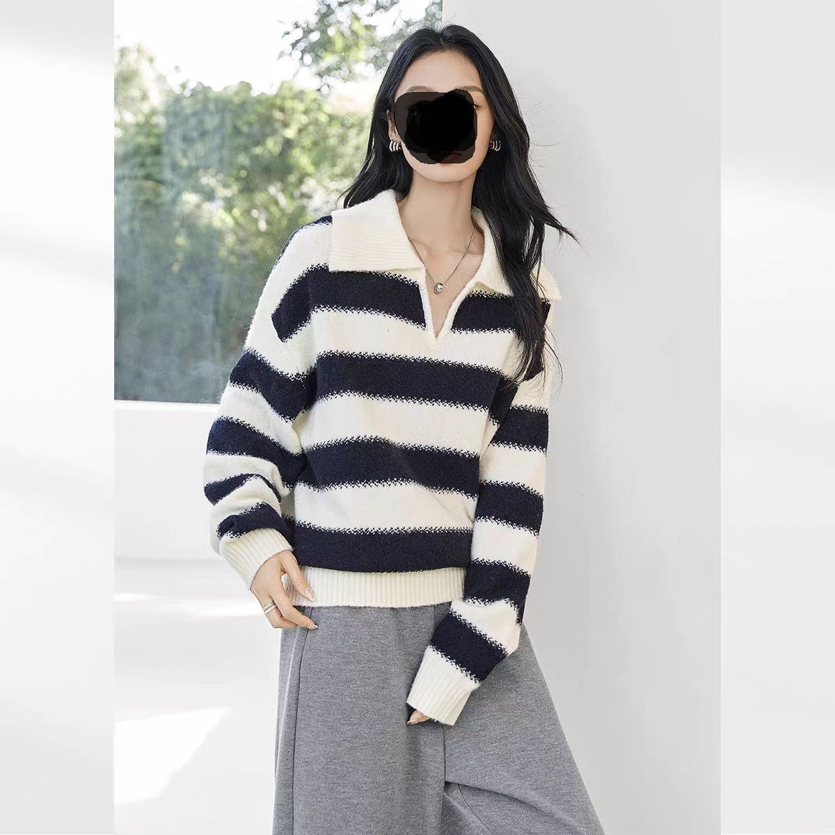 New Contrast Color Women's Loose Casual College Style Outerwear Sweater