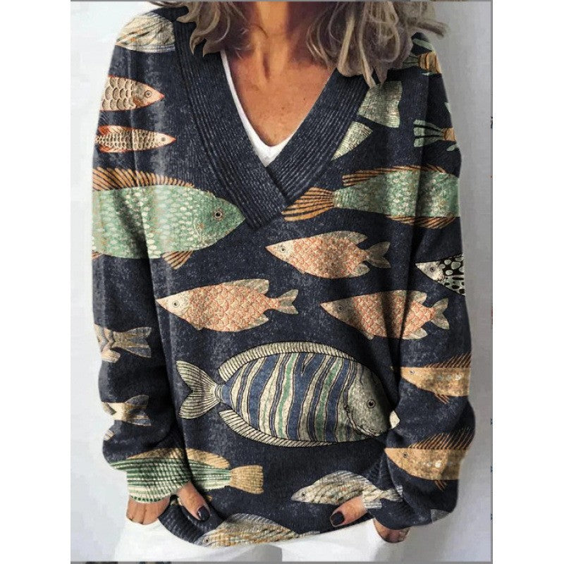 Women's 3D Digital Floral Print Long Sleeve Pullover