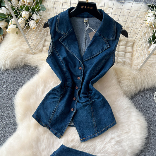 Womens Mature-style Pleated Waist-cinching Blazer With A Lapel Collar And High-waisted Midi Skirt