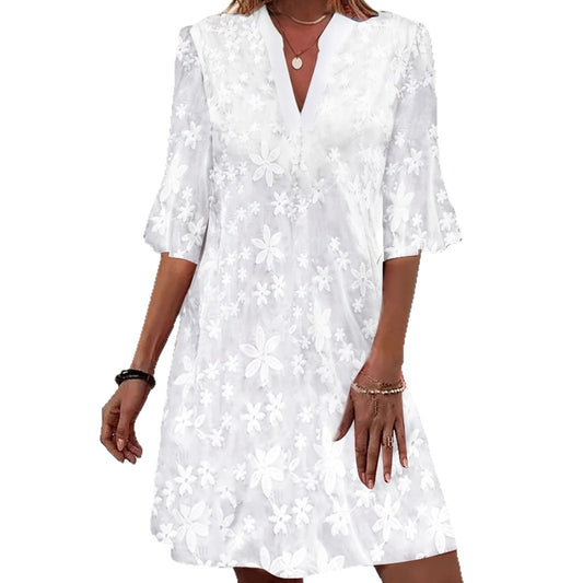 Womens White Floral Embroidery Elegant Dress