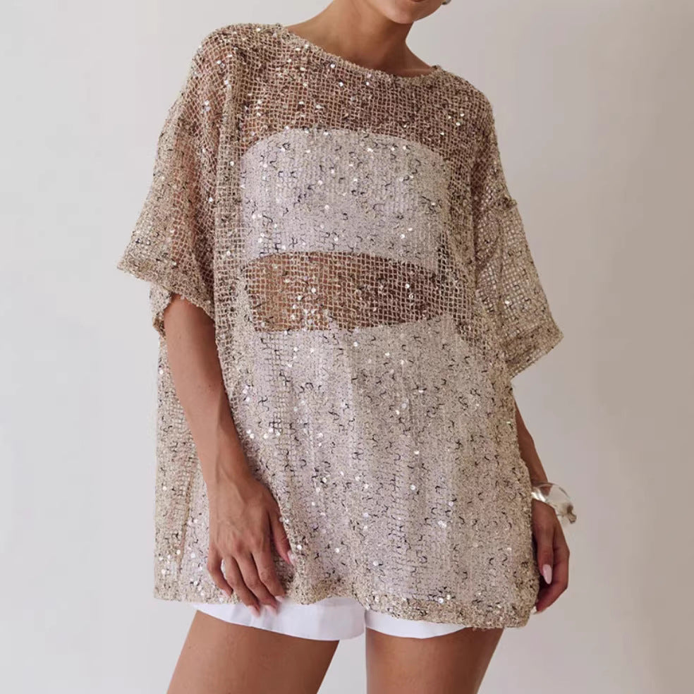 Women's Loose Sheer Mesh Sequin Blouse
